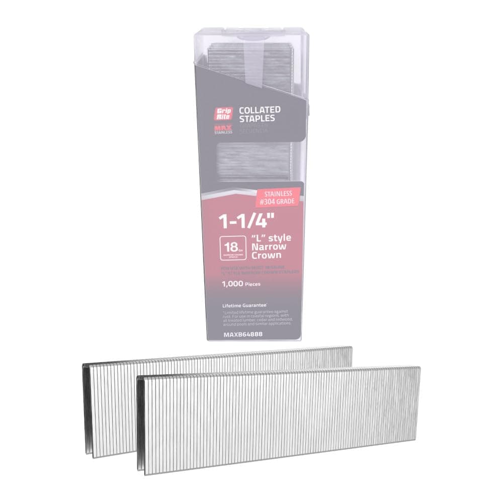 Grip-Rite PrimeGuard Max MAXB64888, Narrow Crown Staple 18GA, 1/4" x 1-1/4", 304 Stainless Steel, 1000 Staples, Clamshell Packaged