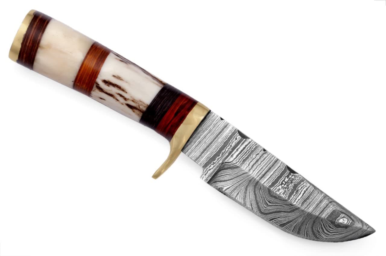 Handmade Beautiful Damascus Steel Knife, 6” Fix Blade Knife with Leather Sheath, Handle made of Stag Horn and Camel Bone with Colour Wood Spacers with Brass Guard