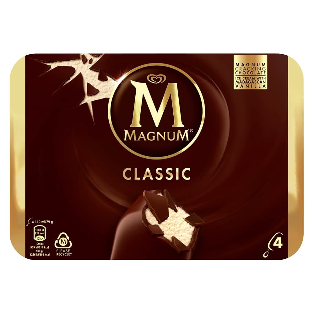 Magnum Classic Ice Cream,110ml (Frozen), 4 Count (Pack of 1)