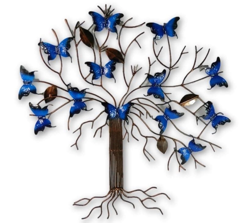 Thai Gifts Handmade Blue Metal Butterfly Tree Wall Art, H45cm x W46cm - Hand-Painted Blue Butterfly Sculpture - Unique Home & Garden Decorations - Ideal for Fences, Patios & Feature Walls