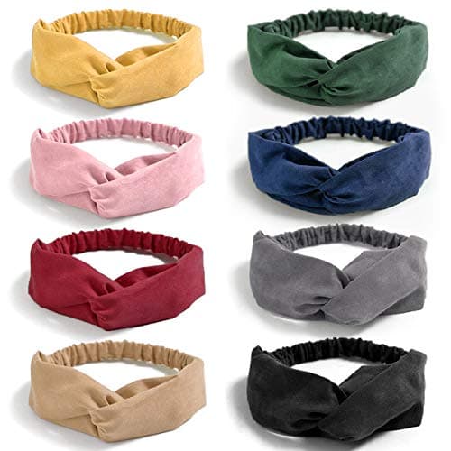 Huachi Women Headbands Knotted Boho Hair Bands Criss Cross Turban Headwrap Stretchy for Yoga Workout Fashion Summer Hair Accessories, Solid Color, 8Pcs