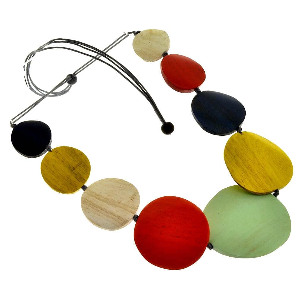 Fashion Jewellery: Adjustable Grey Cord Mid-Length Necklace with Wooden Orange, Green, Blue, Purple, and Red Discs (SB33)