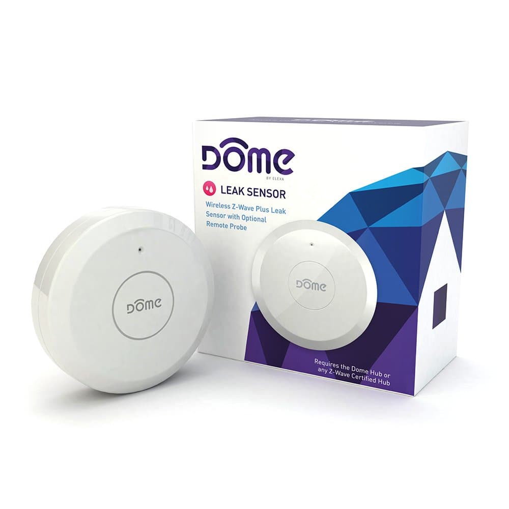 Dome Home Automation Leak Sensor – Wireless Z-Wave Plus with Remote Sensor Probe. Water Resistant. White (Indoor Use)