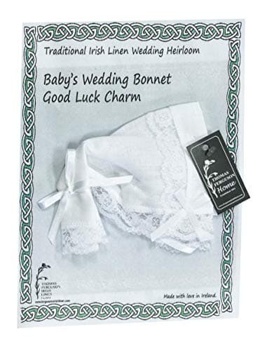 Thomas Ferguson Irish Linen - Baby's Traditional Wedding Bonnet and Handkerchief with Lace Edge, White