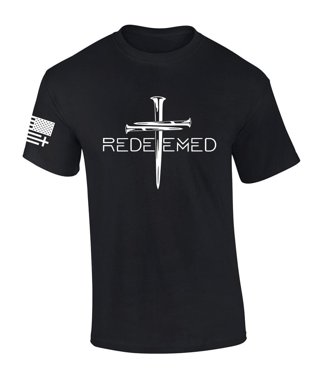 Trenz Shirt CompanyRedeemed Cross Nails Mens Christian American Flag Sleeve T-Shirt Graphic Tee