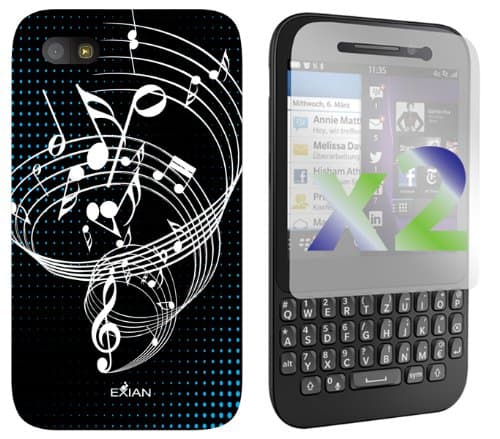 Exian Blackberry Q5 Screen Guards x2 andTPU Case Musical Notes on Staff Black