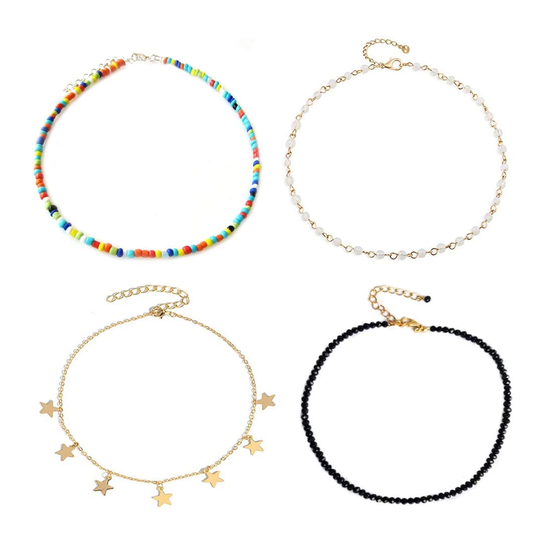 Bead Star Choker Necklace Bohemian Colorful Black Seed Bead Opal Necklace for Girls 4Pcs