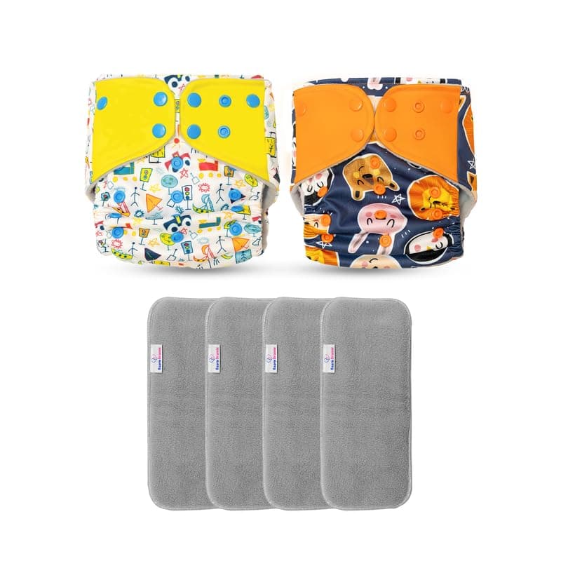 Baarn Brainie 2C Animal & Signs Washable and reusable Cloth Diapers for babies (3 months to 3 Years) | Side Leakage Proof Washable Reusable Diaper For New Born Baby |with 4 Ultra absorbment insert pad - 6 layer ultra absorbent (pack of 2)