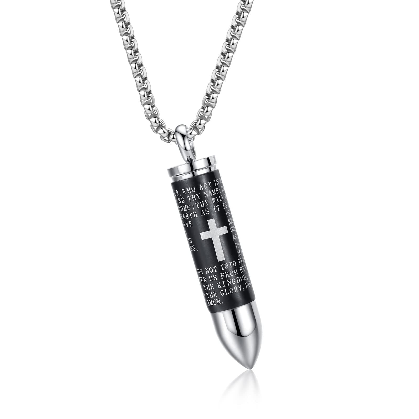 MONIYAStainless Steel Bullet Pendant Urn Ashes Necklace Cross Lords Prayer in English, 21.6" Box Chain