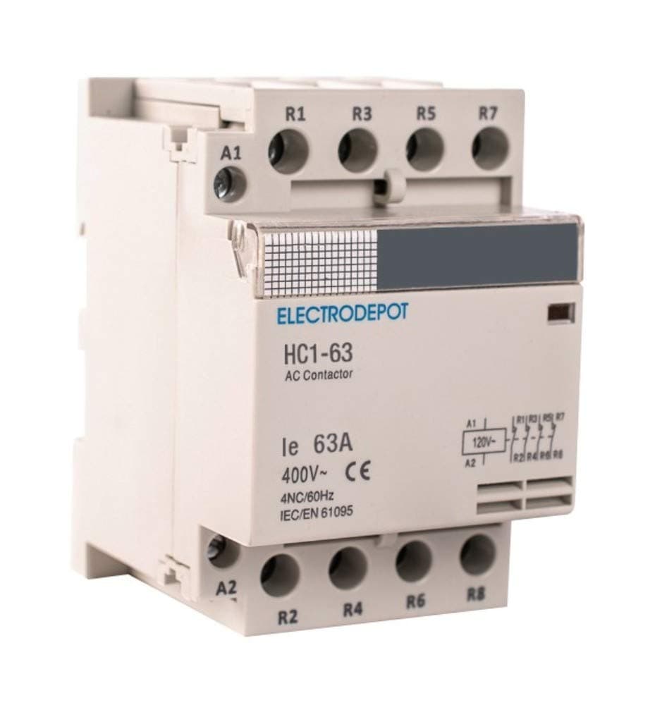 Electrodepot40 Amp 4 Pole Normally Closed IEC 400V Contactor (Silent Operation) – 110-120VAC Coil, Inductive 20A, Resistive 40A with Mounting Base for DIN Rail