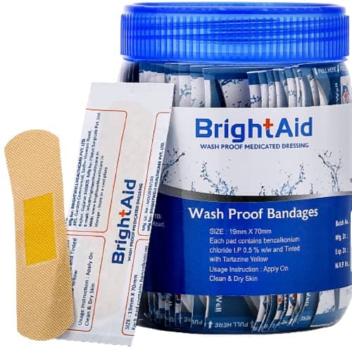 BRIGHT AID Waterproof band aid for adults & children-100 strips/jar. Flexible + Highly Breathable Wound Protection Provides Superior First Aid and Wound Care