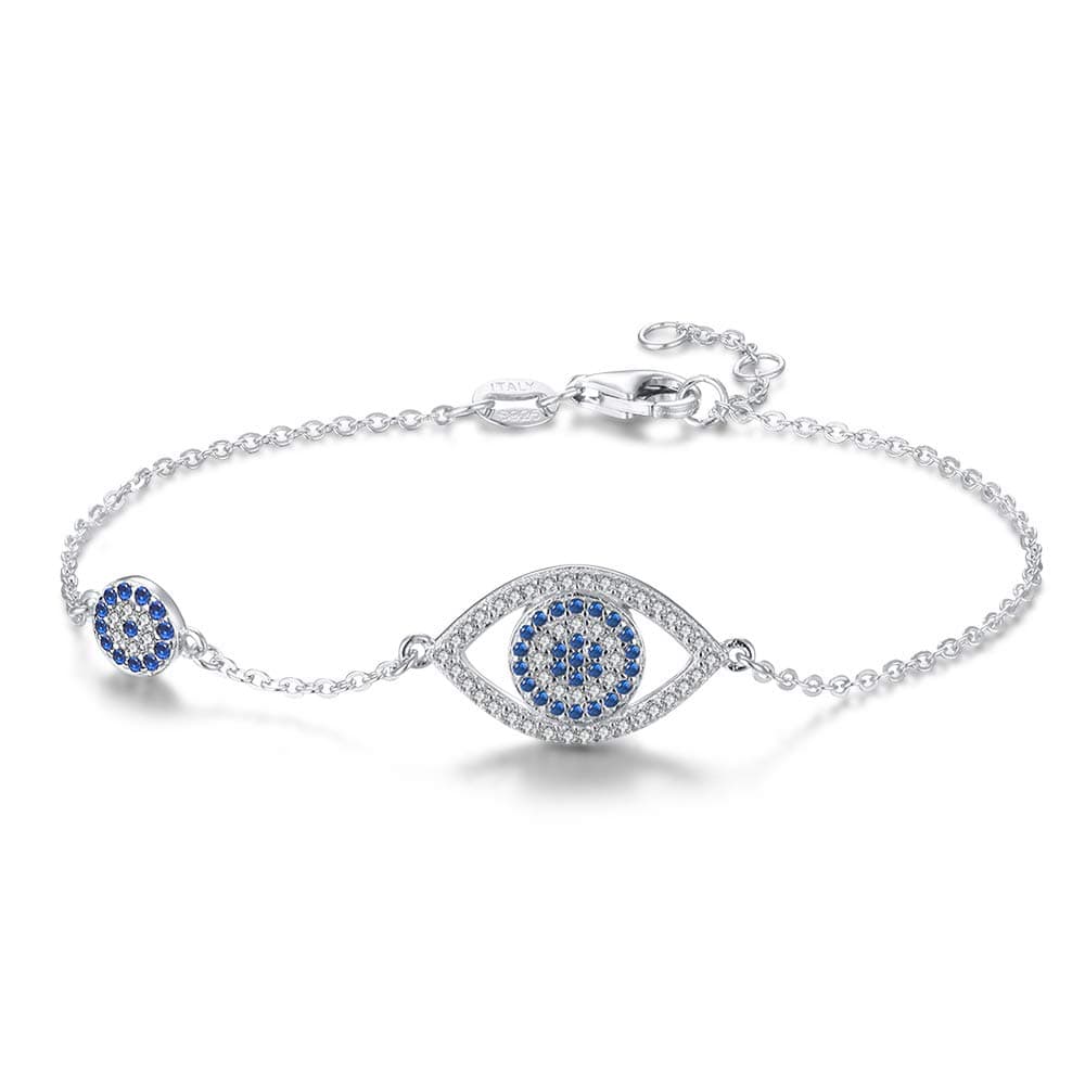 Blue Evil Eyes Link Bracelet Sterling Silver 925 Cubic Zirconia Chain Adjustable 6.7" 7" 7.5"