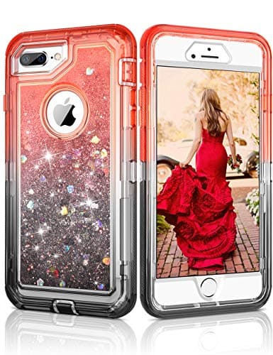 CHEERINGARY Case for iPhone 8 Plus Case, iPhone 7 Plus Case, iPhone 6 Plus Case, iPhone 6S Plus Case Flowing Quicksand Liquid Glitter Heavy Duty Shockproof Gradient Nonslip Case 5.5 Inches, Black Red