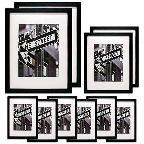 TheDisplayGuys 10pc Solid Pine Wood Tempered Glass Gallery Wall Picture Frames Set - six 5x7, two 8x10, two 11x14 - with Easels (Black)