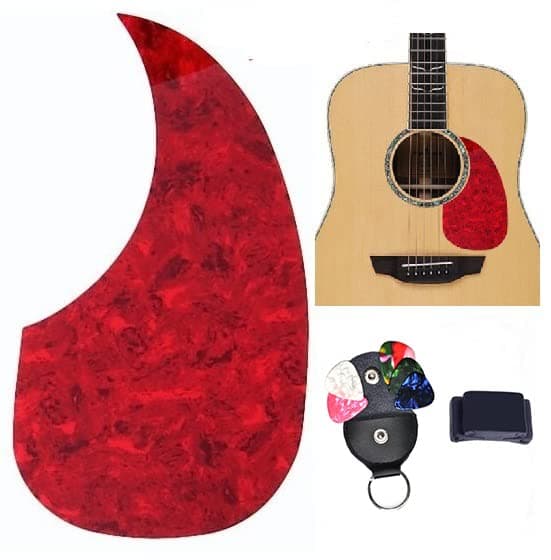 Red Acoustic Guitar Pickguard Scratch Protective Plate Comma Shape + Guitar Picks + Picks Holders.