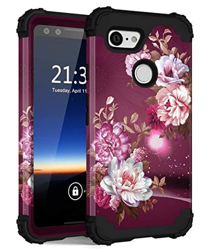 Hocase Pixel 3 Case, Shockproof Heavy Duty Protection Hard Plastic+Silicone Rubber Case Hybrid Dual Layer Protective Phone Case for Google Pixel 3 2018 w/ 5.5" Display - Burgundy Flowers
