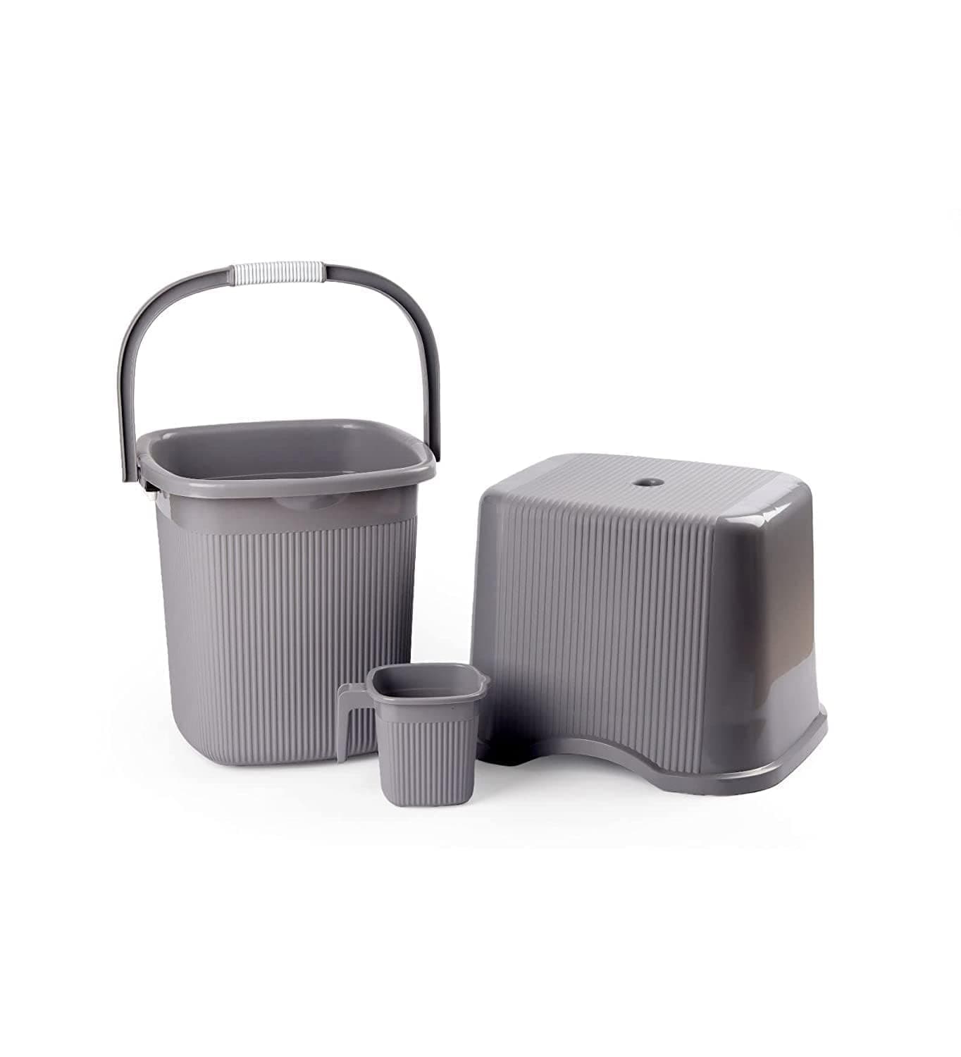 Nayasa Rimmy Strong Plastic Bucket, Mug and Stool Set (3pc Set)| Bathroom Set | (Grey 25 Liter bucket, 1.5ltr Mug, a Stool)