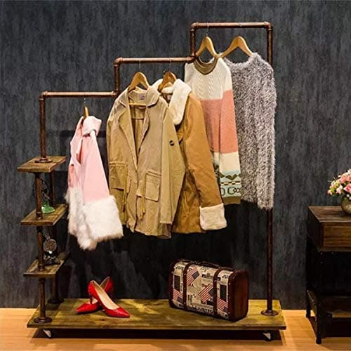FURVOKIA Industrial Metal Pipe&Wood Rolling Clothing Rack,Free Standing Garment Racks,Vintage Closet Organizer Storage Shelf,Decor Pipeline Shelves