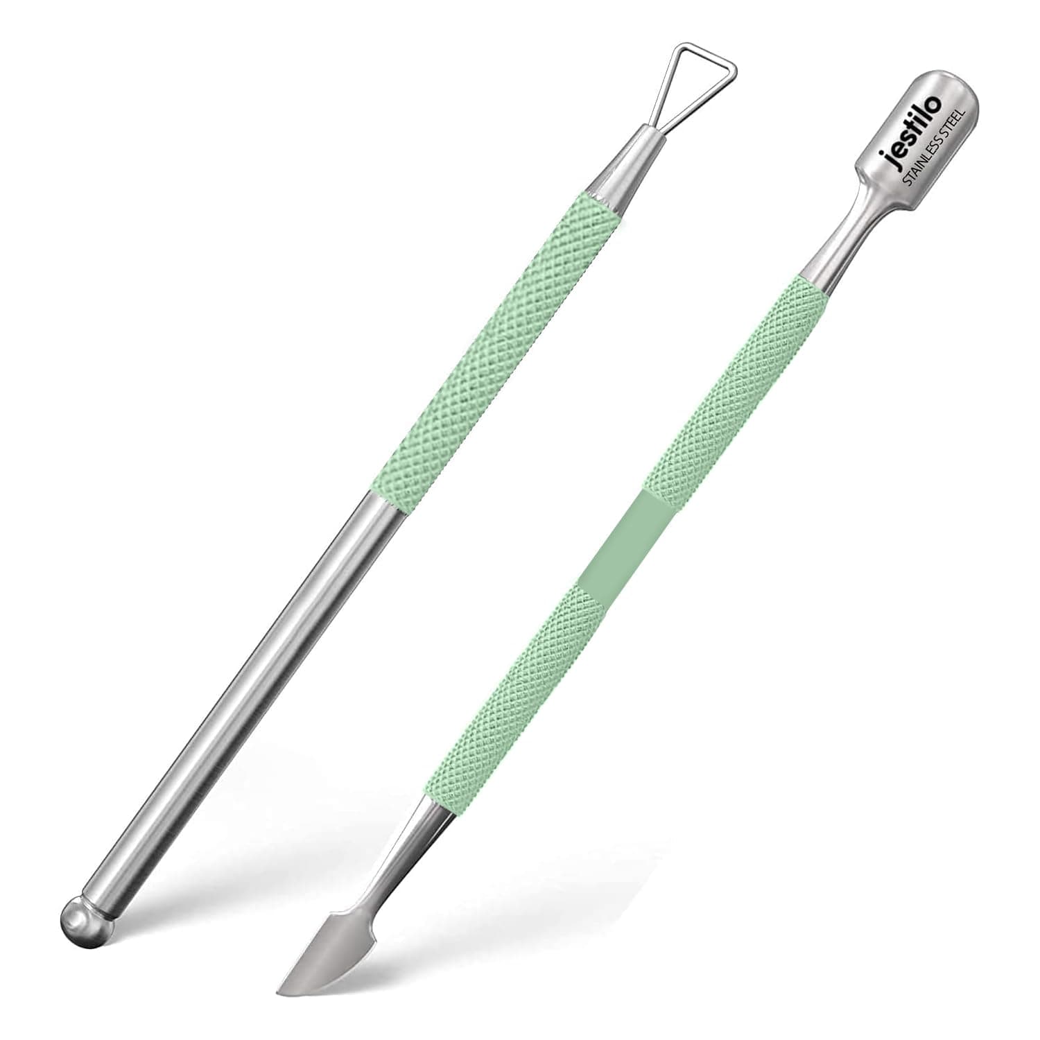 Stainless Steel Cuticle Pusher and Nail Scraper (2 pack) – Dual Head UV Gel Polish Remover Tool, Cuticle Stick & Trimmer for Gel Nails, Fingernails & Toenails, Nail Care Kit (Green)