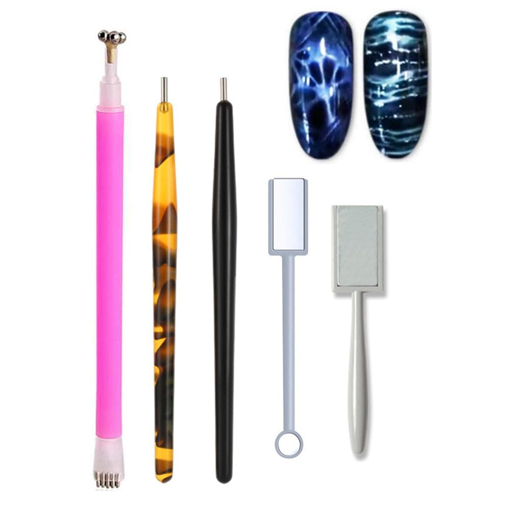 WOKOTO 5Pcs Nail Magnet Tool Set With Double Head Flower Design Nail Magnet Pens And Strong Magnet Stick For Cat Eye Gel Polish Nail Art