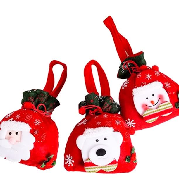 AUTOYSUR 3Pcs Christmas Gift Bags Drawstring Pouch with Handle, Children Xmas Gifts Candy Stocking Bag, 3D Santa Claus Bear Snowman Christmas Candy Bag Xmas Tree Decor Xmas Party Supplies (3PCS)