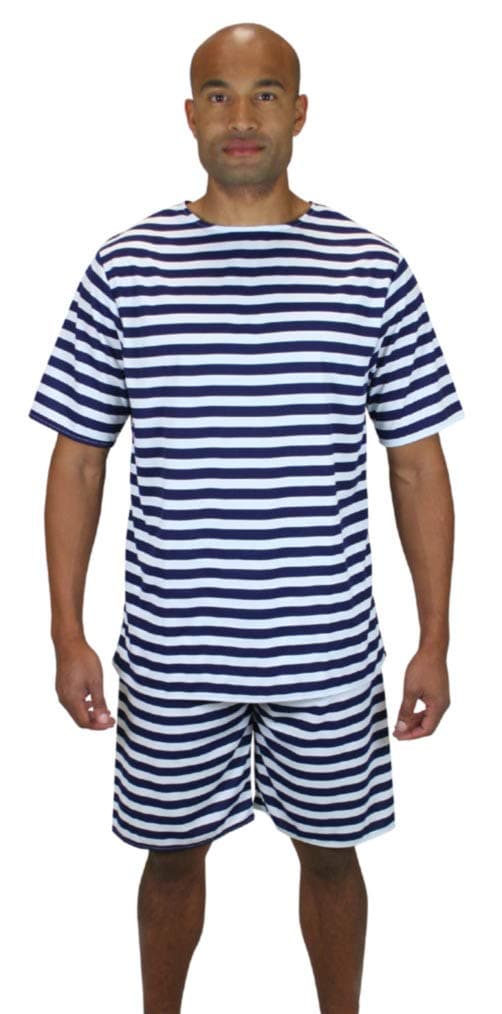 Men's 1900s Striped Bathing Suit, Victorian Edwardian Swimwear for Beach Halloween Costumes Theater