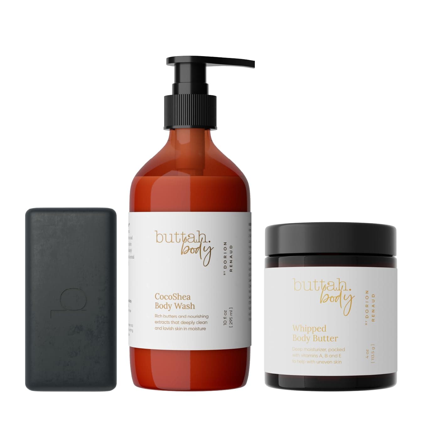 Buttah Skin by Dorion Renaud Buttah Body Trio for Melanin Rich Skin | Egyptian CocoShea Body Wash 10oz | Black Gold Polishing Bar 120g | Whipped Body Butter 4oz | Black Owned Skincare for Men & Women