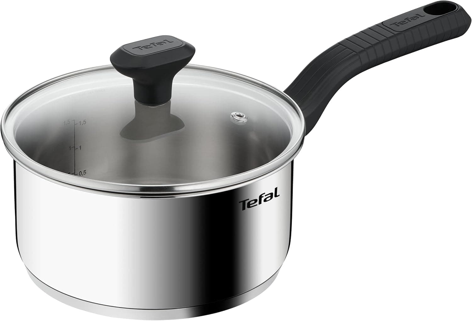 Tefal Comfort Max 18cm Stainless Steel Saucepan with Glass Lid, Durable Cookware for Healthy Cooking, Induction Compatible, Ergonomic Stay-Cool Handle, C9732304
