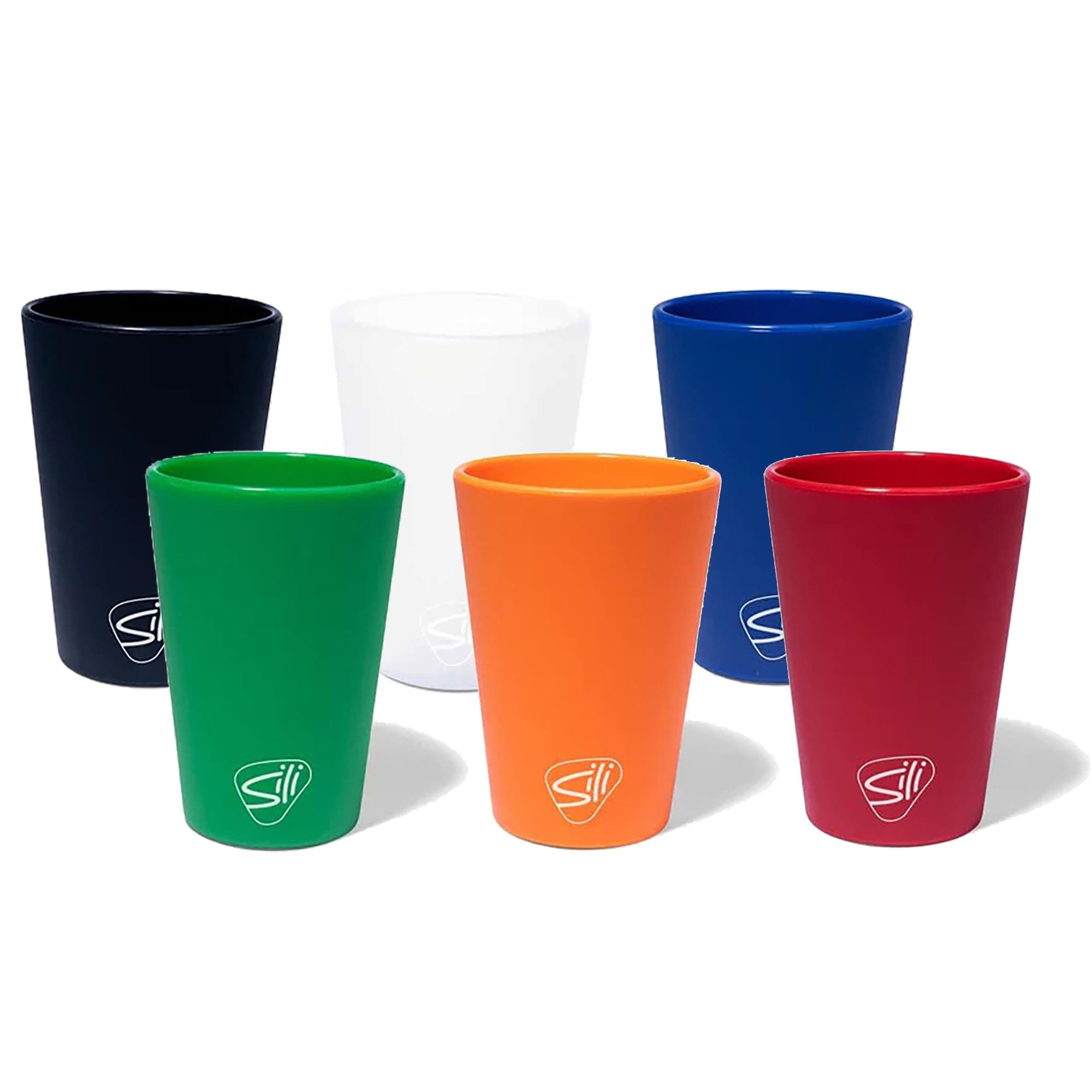 Silipint Silicone 1.5 oz Shot-Glass Set: 6 Pack - Classic Colors -Red, Blue, Green, Orange, Black, Icicle - Unbreakable