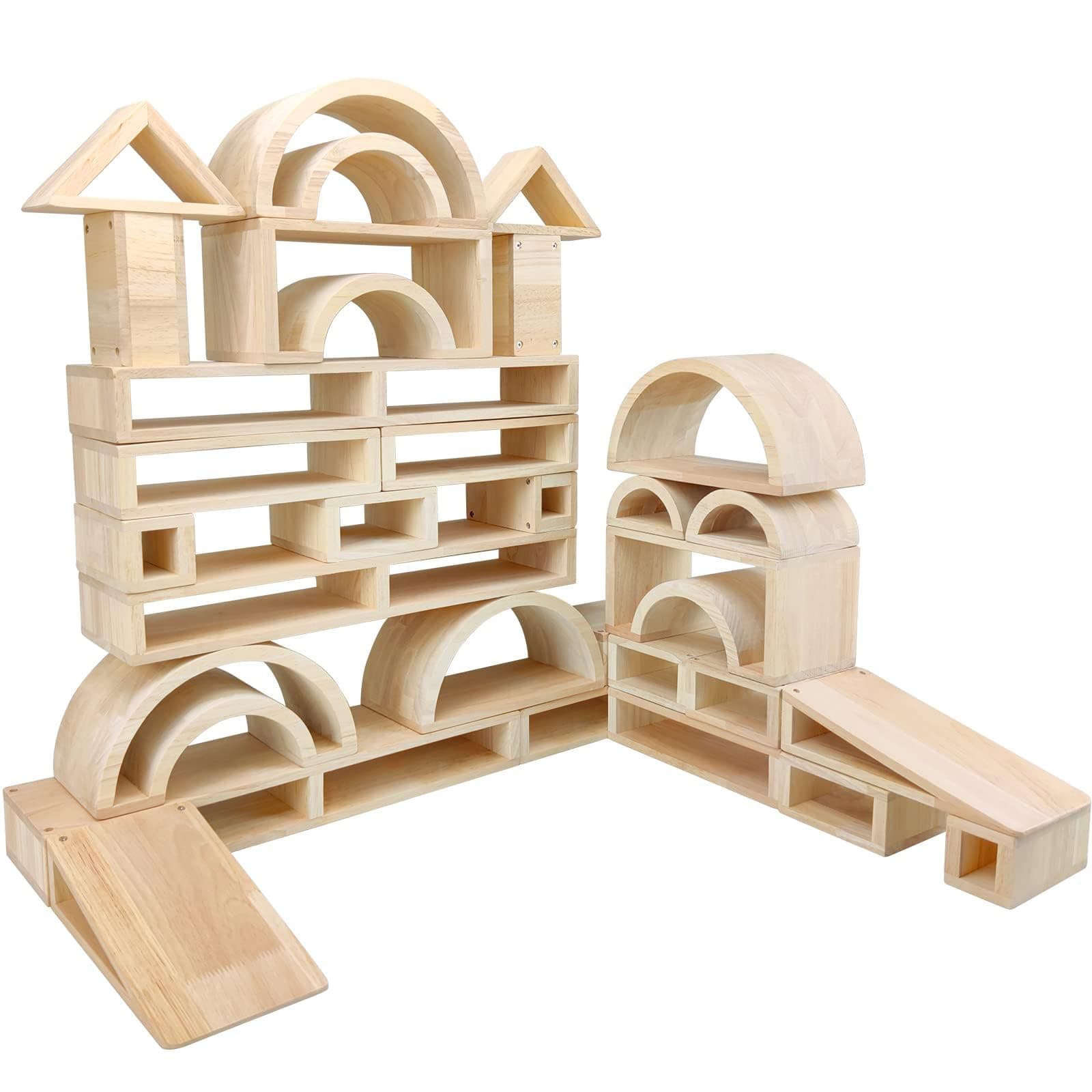 Xylolin Over-Sized Hollow Wooden Block Set for Kids, Natural 29 Piece Set of Large Wood Blocks, Toddler Building and Stacking Blocks, Wooden Toys Building Blocks for Kindergarten