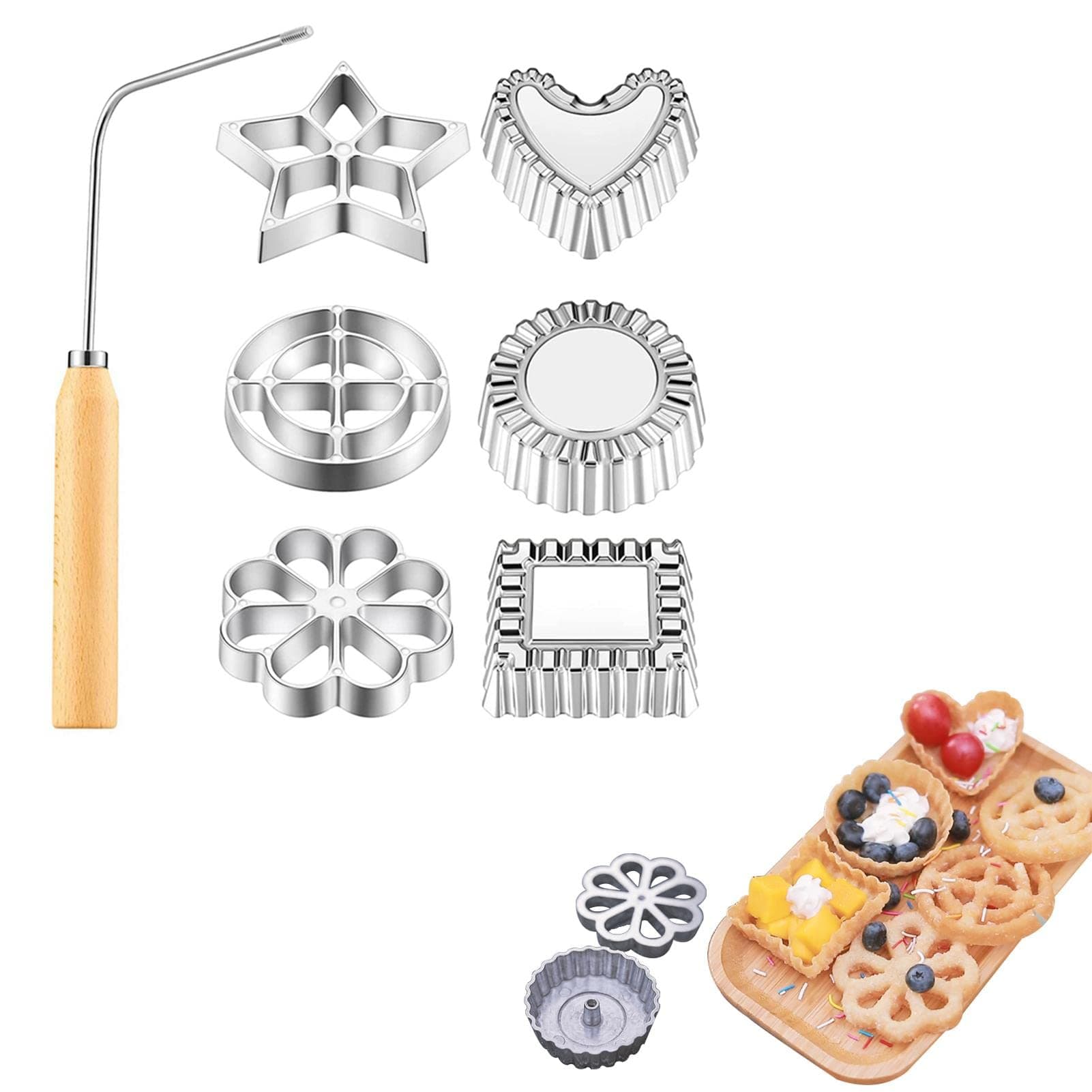 3 Pcs Rosette Iron Waffle Molds - Traditional Rossette Molds,Rosette Iron Set, Aluminum Rosette Maker, Heart Star Circle Square Cookies Mold for Interchangeable Head, Kitchen Baking Cooking