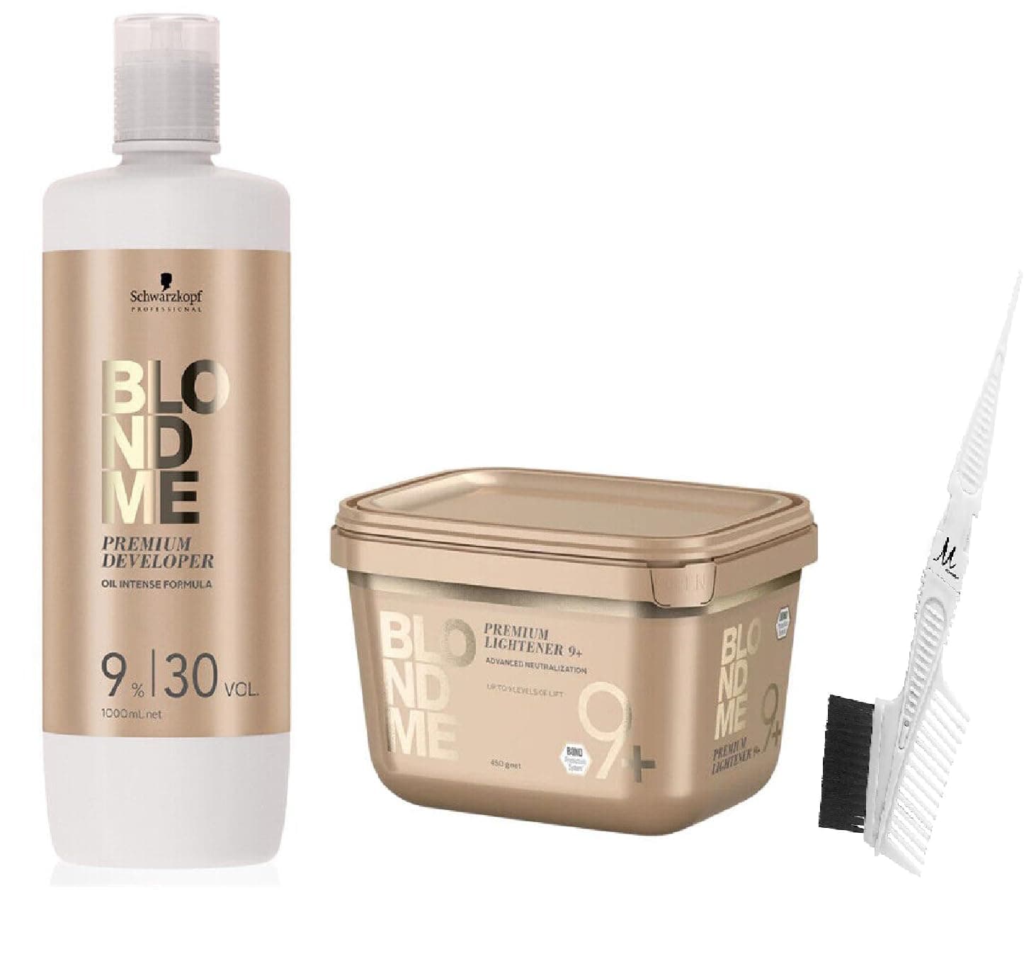 Schwarzkopf BlondMe Bond Enforcing Premium Lightener 9+ Dust Free 450g, Schwarzkopf BlondMe Premium Developer 9% / 30 Volume 1L, M Hair Designs Tint Brush/Comb (Bundle - 3 items)