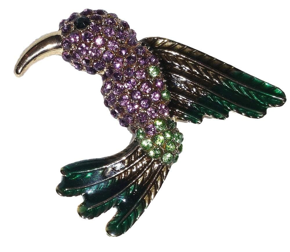 Lovely Green & Lavender Hummingbird Enamel & Austrian Crystal Brooch Pin