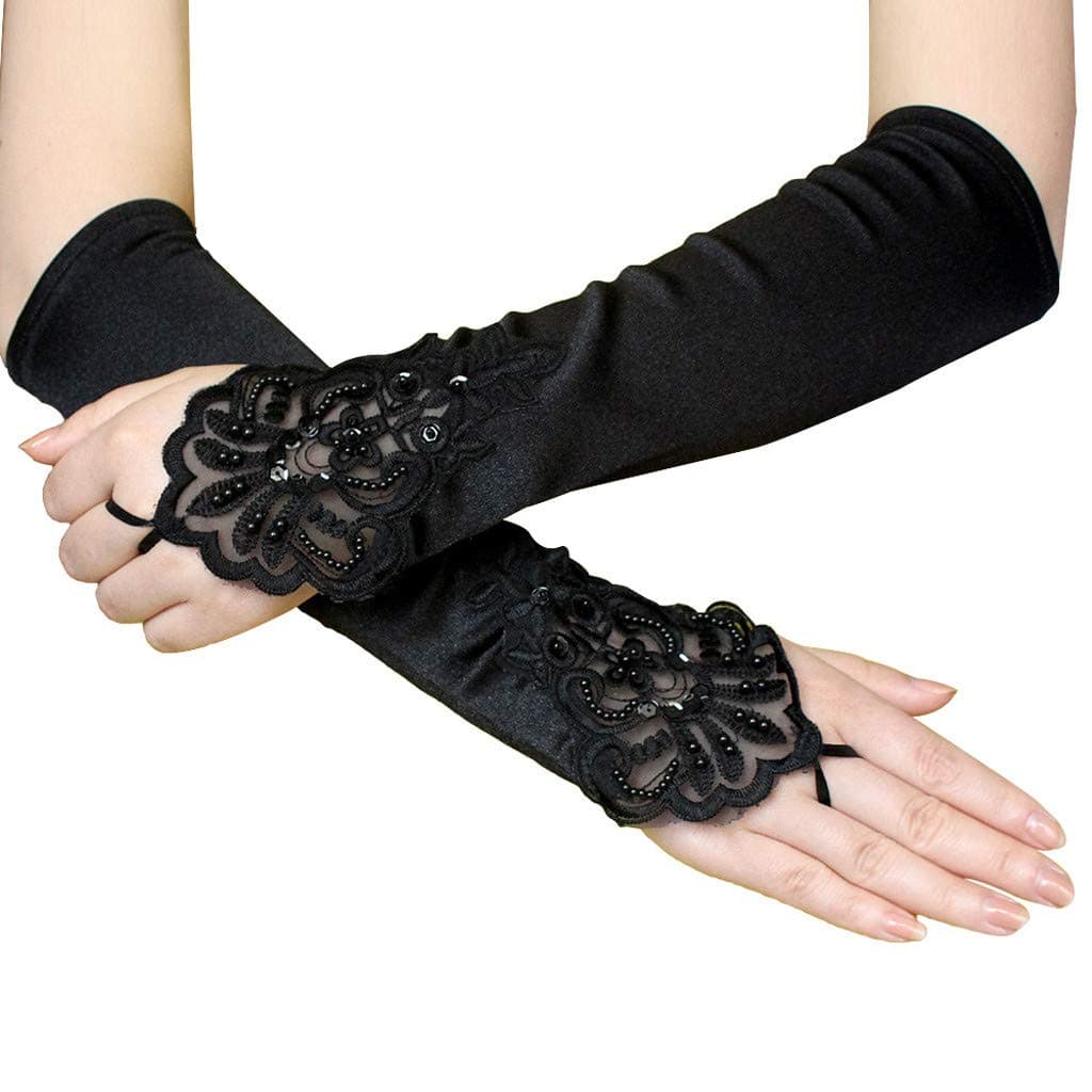 Lomsarsh Etiquette Hollow Nightclub Gloves Wedding Gloves Accessories Flapper Costume Finger-less Lace Gloves 20' s Party Decoration Accessories Classic Satin Elbow Length Gloves (Black)