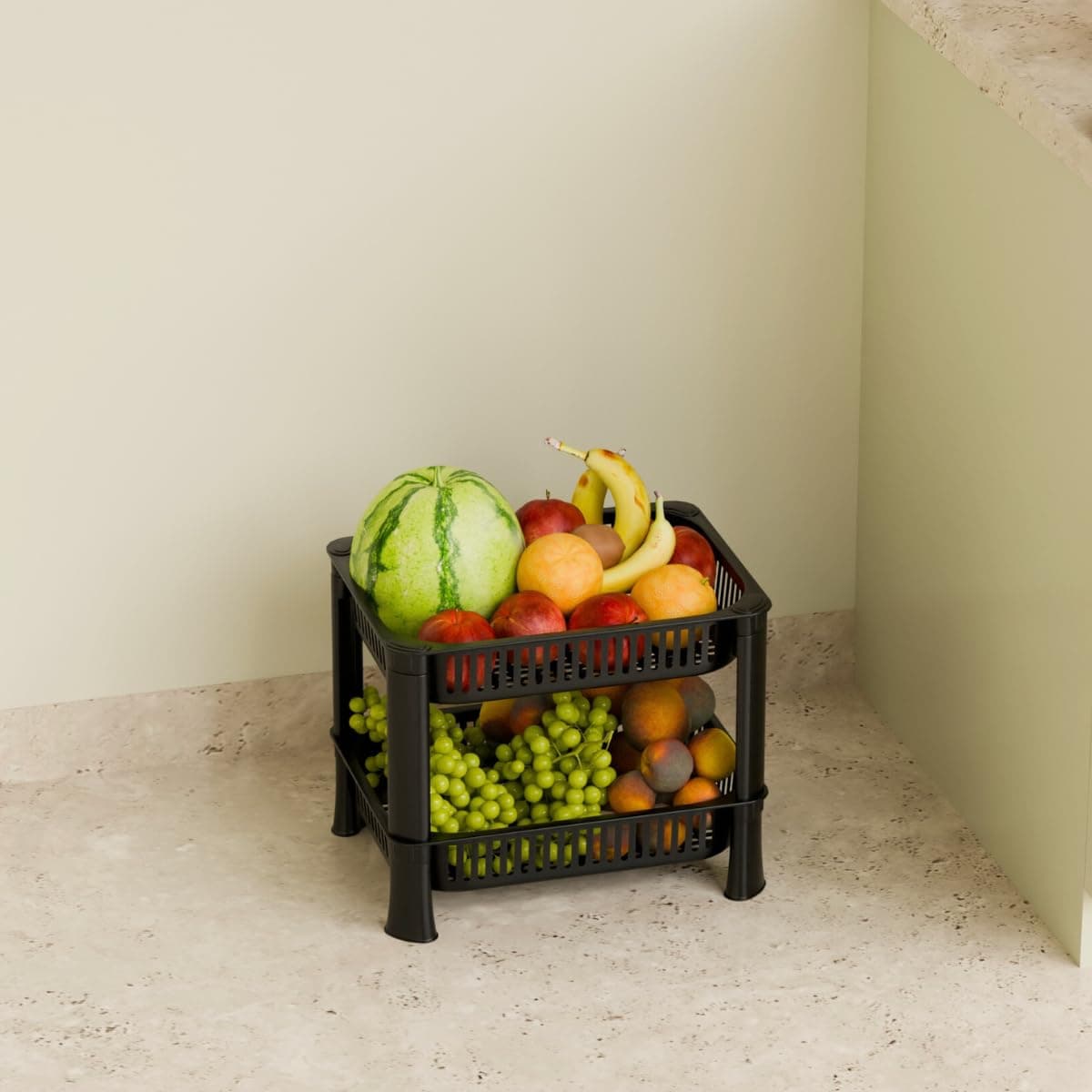 2-Layer Multipurpose Plastic Kitchen Storage Rack | Vegetable Basket Organizer | Stackable Storage Stand for Home, Pantry, Bathroom, Office – Durable Space-Saving Shelf (Black)