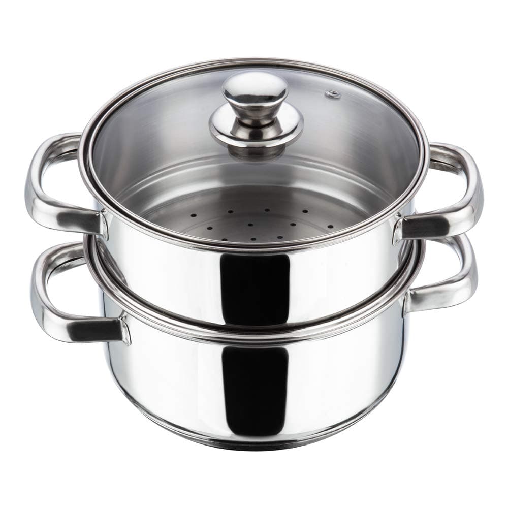 Stainless Steel 2-Tier Steamer with Glass Lid and Riveted Handles Ideal for Momo, Modak and More Induction and Gas Compatible 7.8 in 2-Year Silver