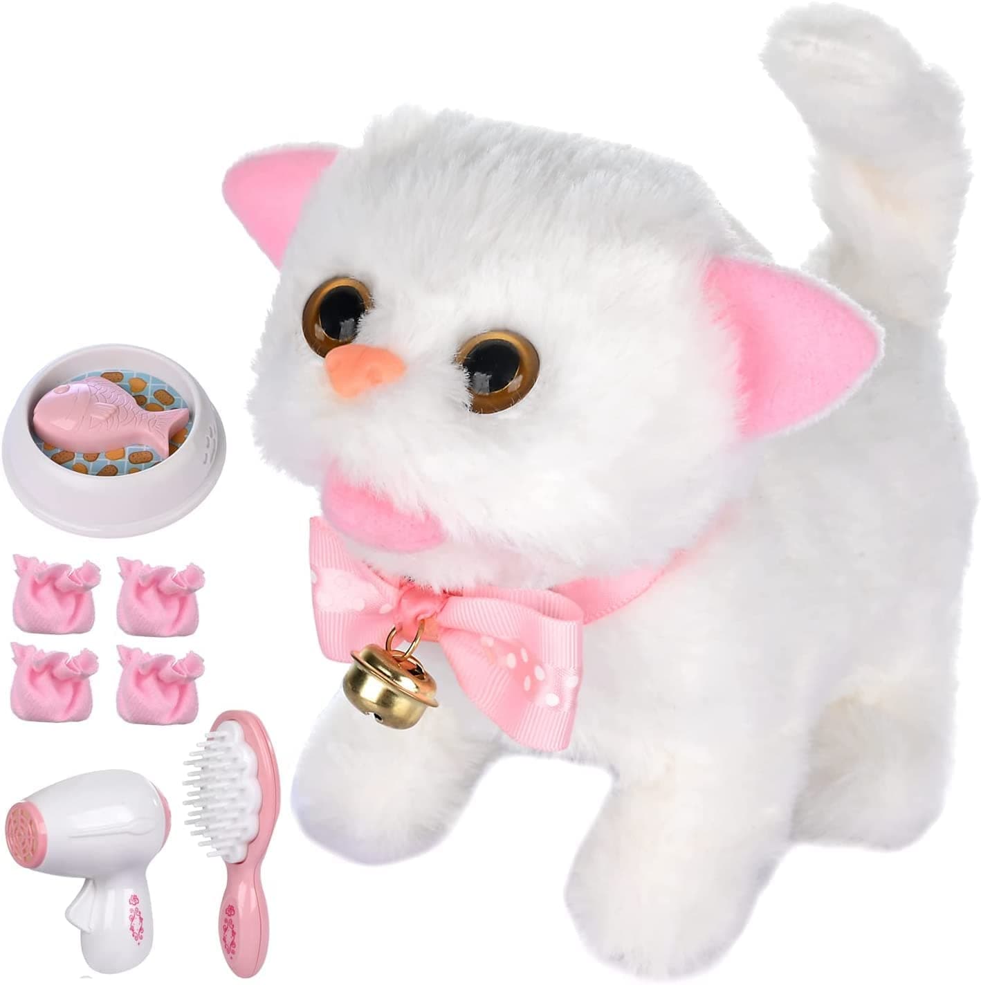 Plush Electronic Interactive Cats That Move and Meow Waliking Lifelike Interactive Toy Robot Kitten Pet Cute Stuffed Kitten for Girls Kids (White)