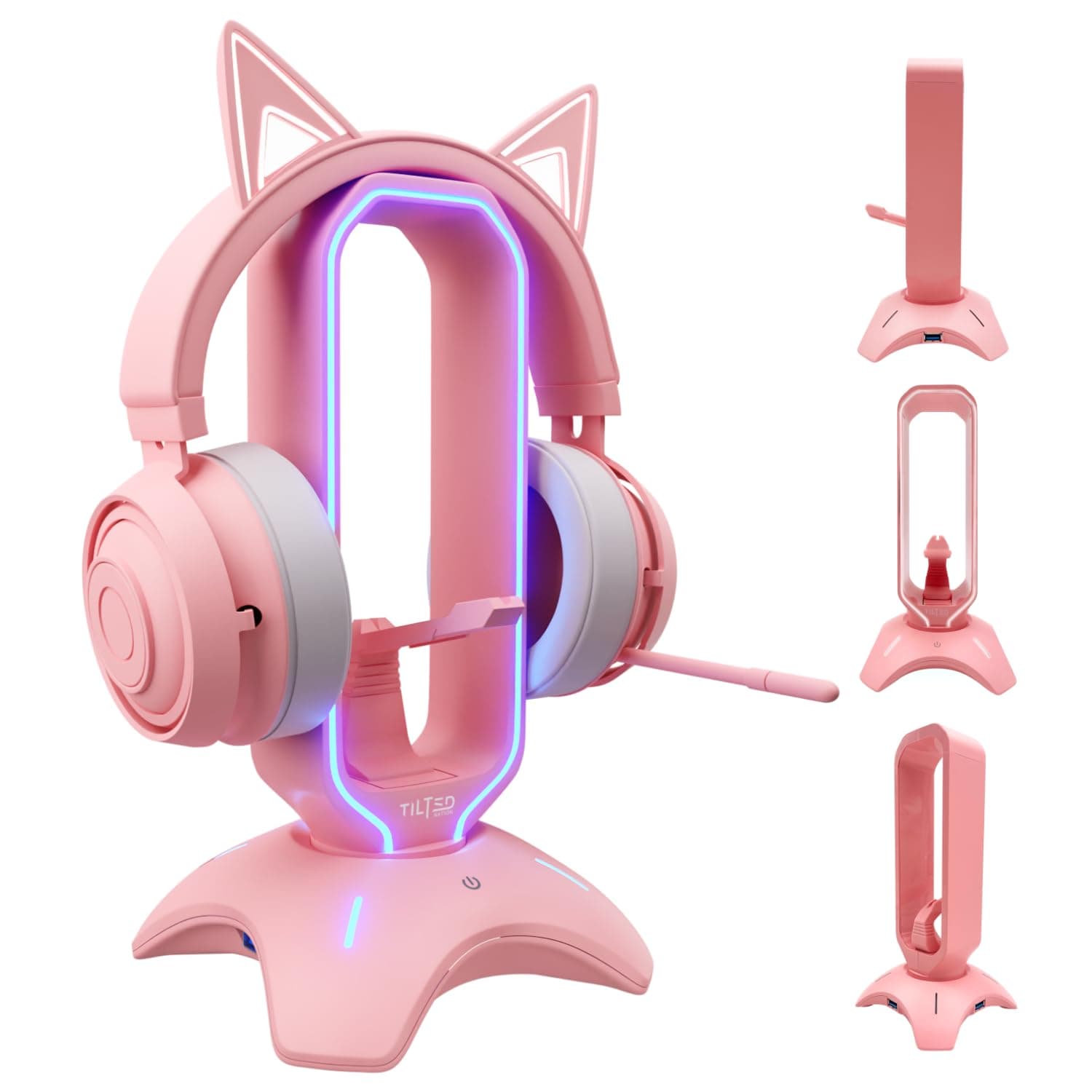 Tilted Nation Cute Headphone Stand Pink | Headset Stand with RGB, Mouse Bungee Holder, and 2 Port USB Hub Charger - Desk Gaming Accessories
