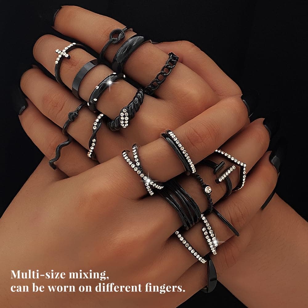 KISS WIFE Goldenen Silvery Black Kunckle Rings Set for Women, Dainty Simple Trendy Cute Stackable Finger Rings Pack, Perfect for Stacking Layering on Thumb and Knuckle, Mixed Size, Jewelry Gift