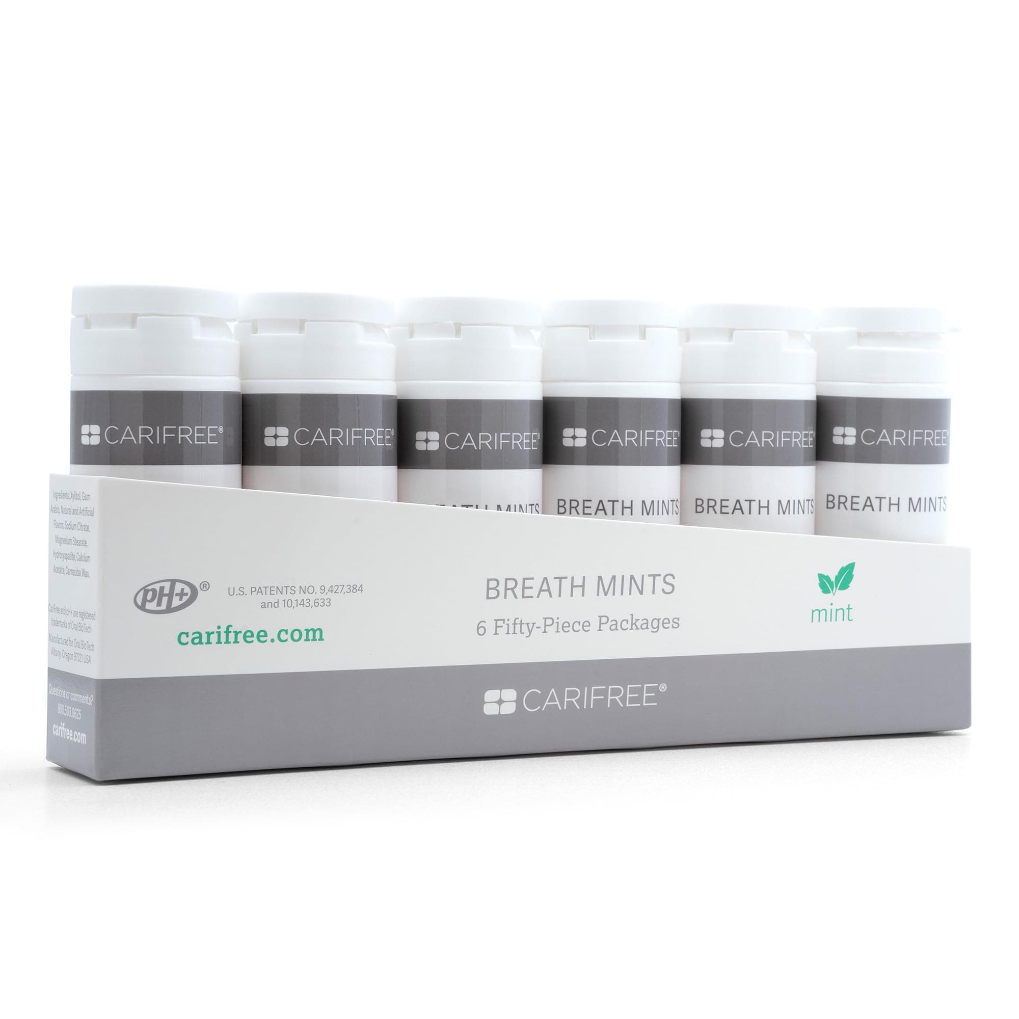 CariFree Breath Mints, Hydroxyapatite and Xylitol, Sugar-Free, pH Elevating, Delicious & Refreshing, Convenient On-The-Go, Travel Size, 6 Tubes Per Box (50 ct. each)