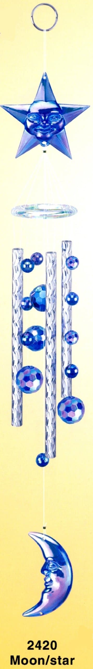 Iridescent Moon and Star - Wind Chime- Blue Arcylic Multifaceted Crystal Like Globes Create Sparkles in Bright Sunlight, Indoor - Outdoor Decor 20 Inches