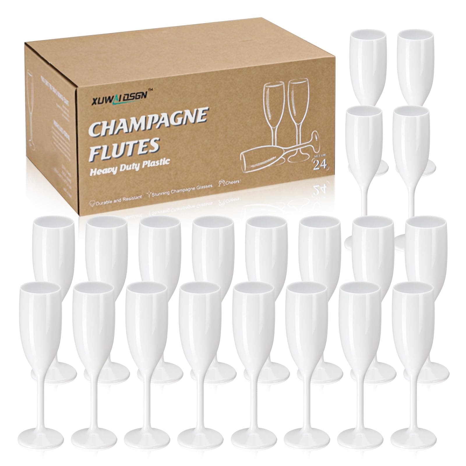 Champagne Flute Acrylic Champagne Glasses Wedding Toasting Champagne Flute Goblet Plastic Reusable Unbreakable Champagne Cups for Bachelorette Wedding Bridal Shower Party (White, 24)
