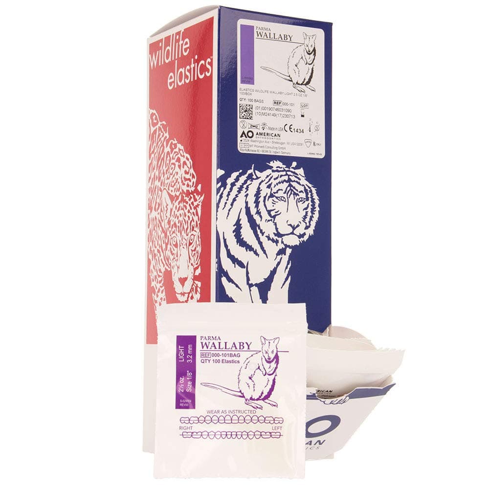 American Orthodontics Elastics Wildlife Wallaby | Light, 2.5 Oz, 1/8" Size, 100 Packs Per Box, 10,000 Elastics | Made in The USA | Exacting Dimensions, Precision Cutting, Top Quality Latex Tubing