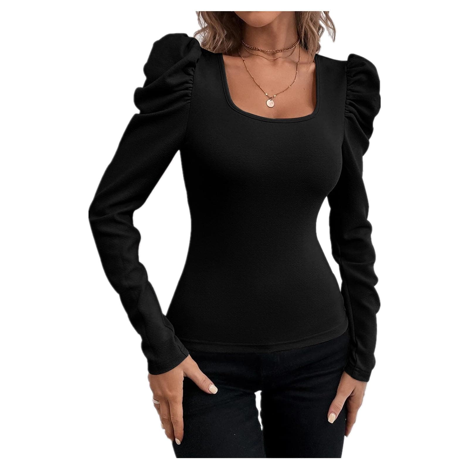 CUOREZWomen's Square Neck Sheep Leg Sleeves Knitted Long Sleeved T-Shirt Commuter T-Shirt