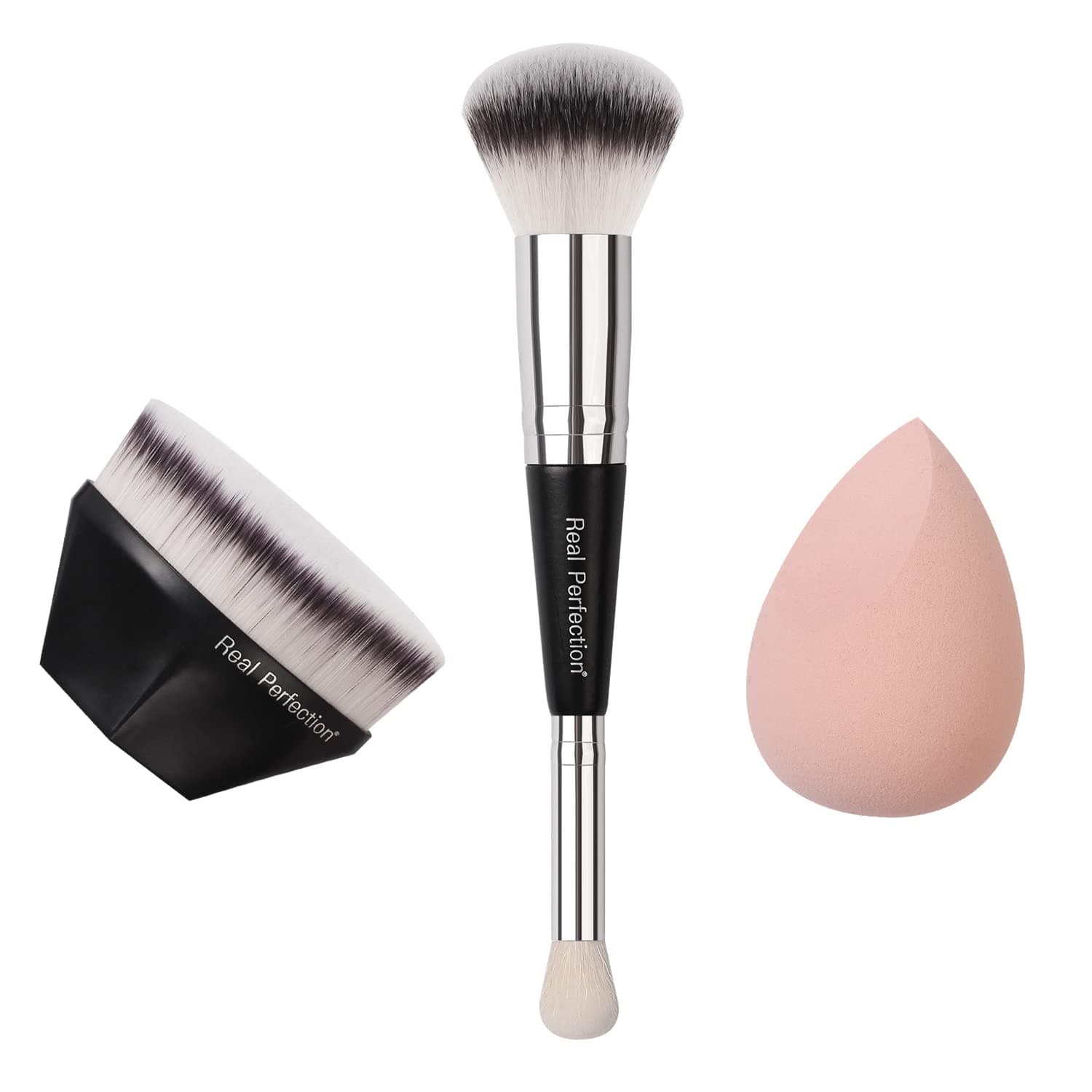 Real Perfection 3 pcs Makeup Brush Set, Foundation Brush Flat Top Kabuki Brush Dual-end Brush Latex Free Makeup Blender Sponge for Foundation Powder Blush Concealer Blending Liquid Cream