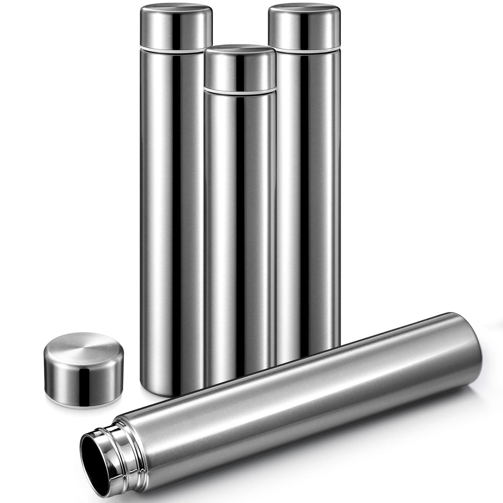 VesiciSlim Water Bottle 8.8 oz Small Stainless Steel Purse Compact Insulated Water Bottles Camping Travel Backpack Pocket Flask for Car Cold Coffee Tea(Silver,4 Pack)