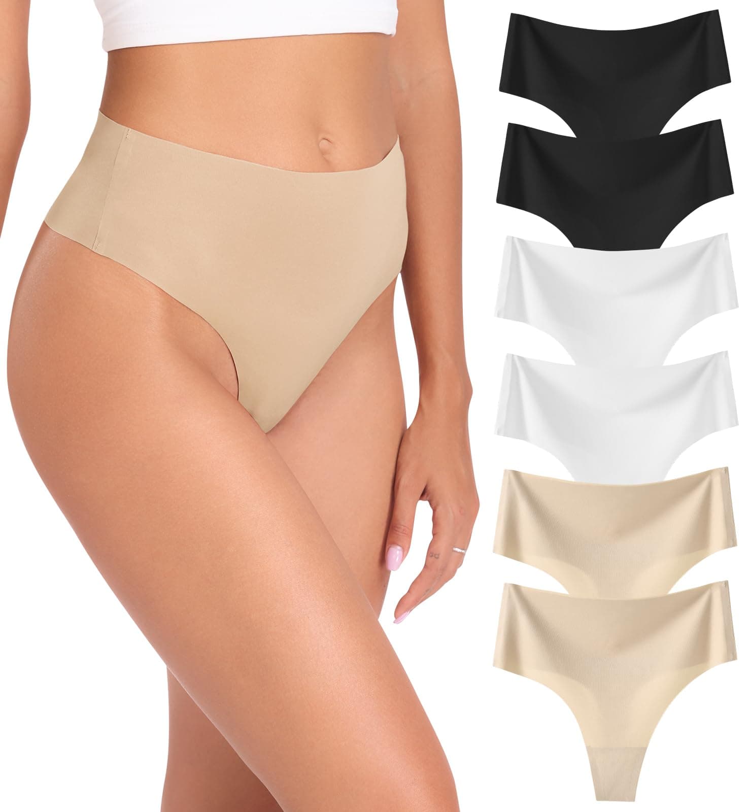 Womens Underwear High Waisted Seamless Thongs for Women Breathable No Show Panties for Ladies 6 Pack