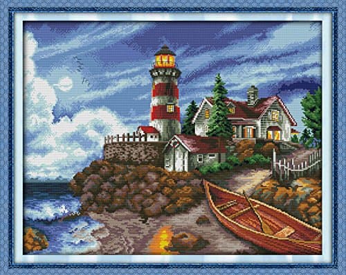 Joy Sunday Cross Stitch Stamped Kits Cross-Stitching Accurate Pre-Printed Pattern for Adults- The Seaside Lighthouse 11CT 27”X 22”, for Home Decor (Pattern Printed On Fabric)