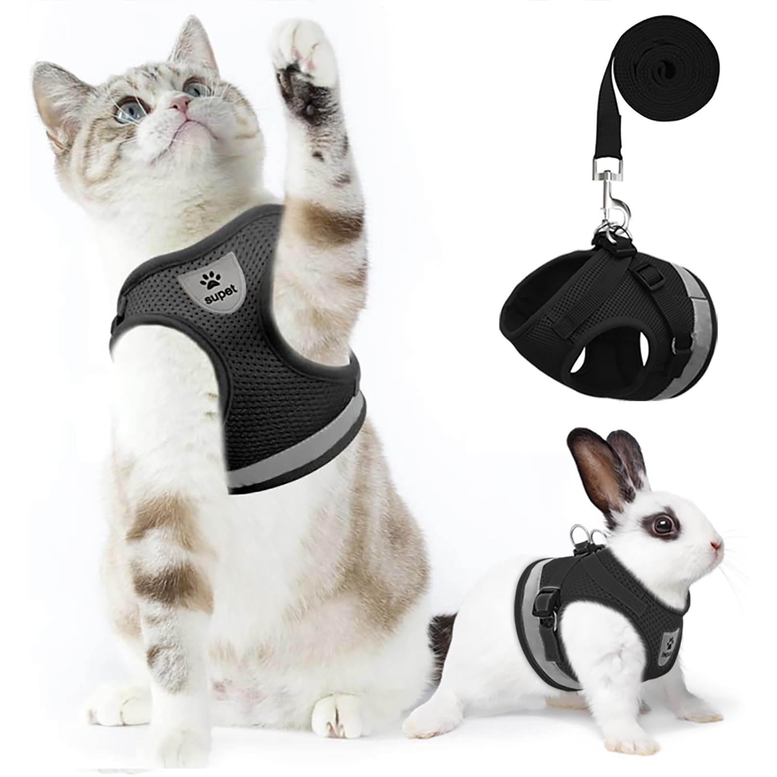 Supet Cat Harness and Leash Set - Soft Mesh Adjustable Cat Vest Harness with Reflective Strap for Walking Cat and Puppy Rabbit
