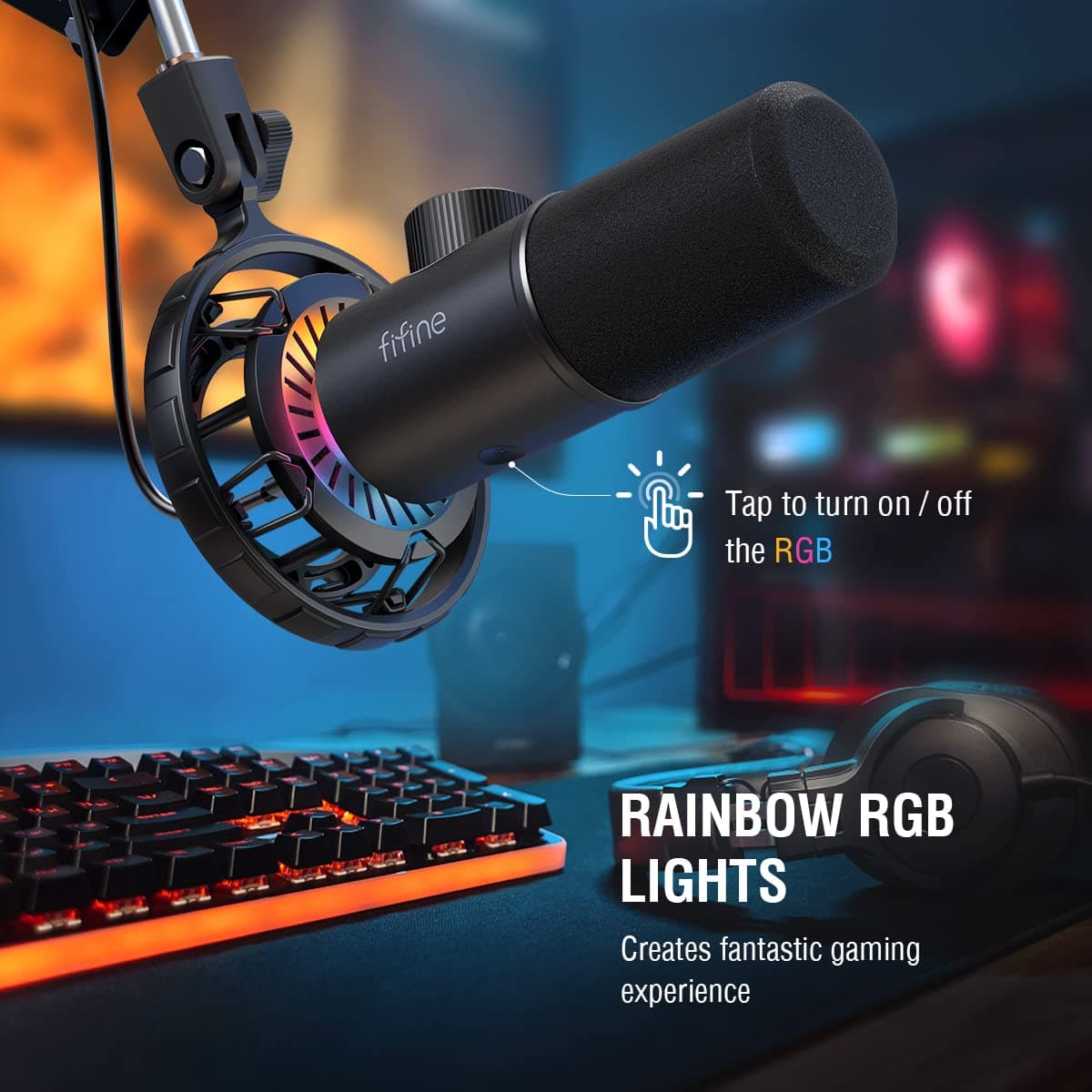 FIFINE USB Gaming Mic, RGB Dynamic Cardioid Mic with Headphone Jack for Streaming, Podcast, Twitch, YouTube, Discord - K658